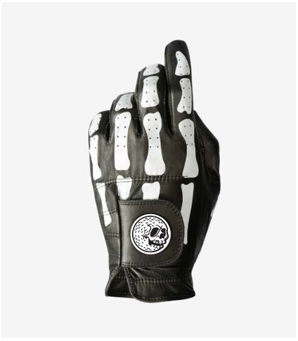 Sudden Death glove, leather golf glove with skeletal bone print and Muerte skull patch